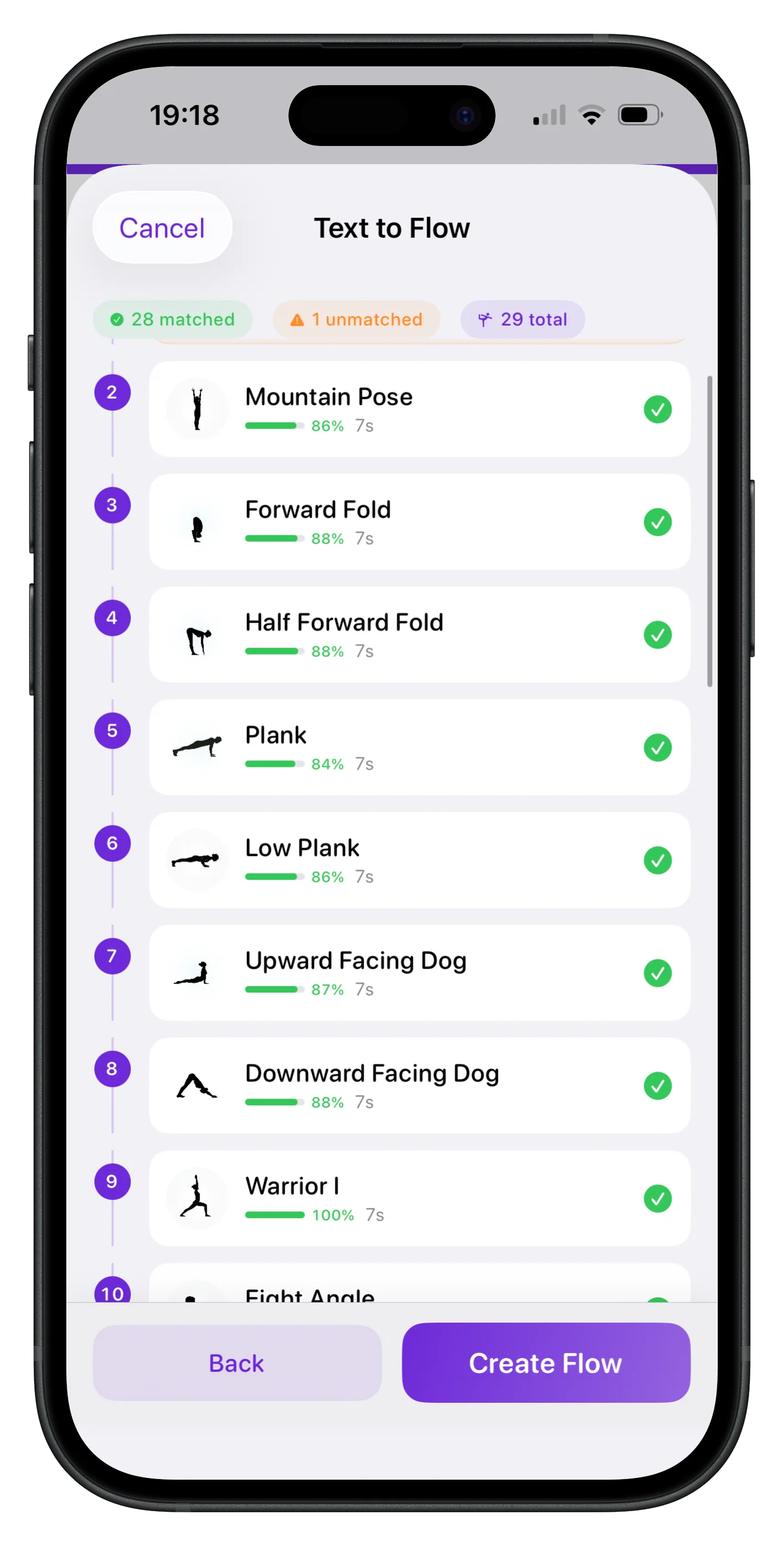 AI-generated yoga flow results on iPhone
