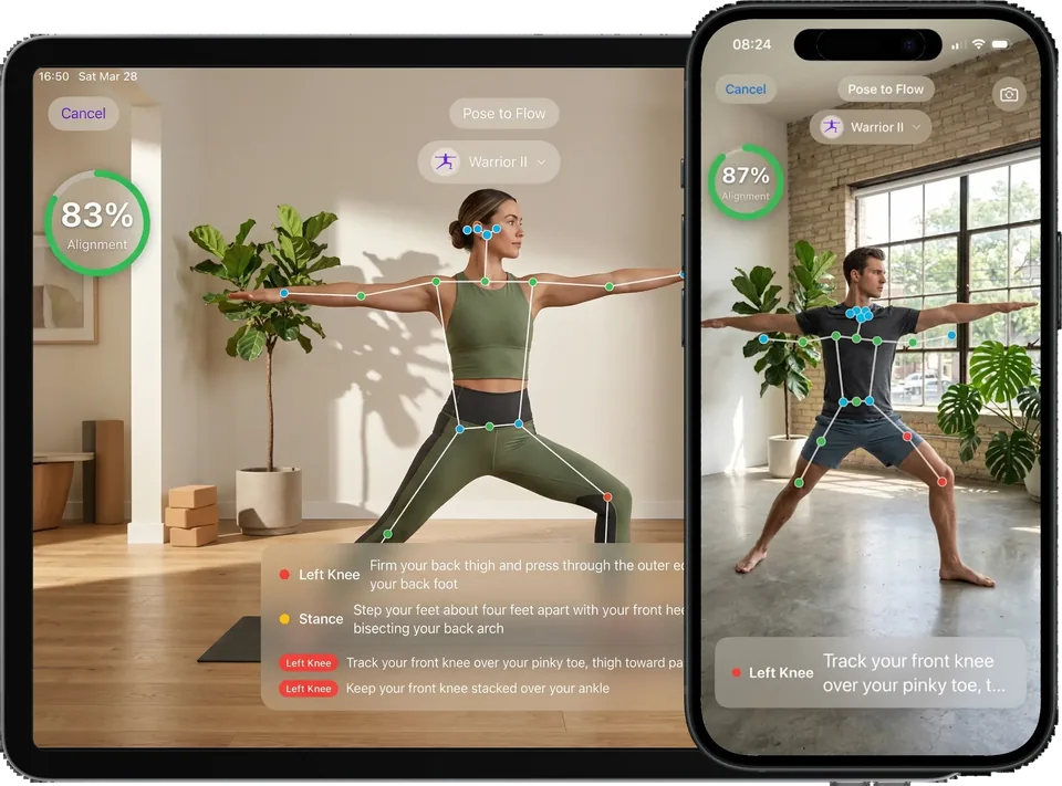 Pose to Flow on a tablet and a phone: live body tracking with alignment scores and cues