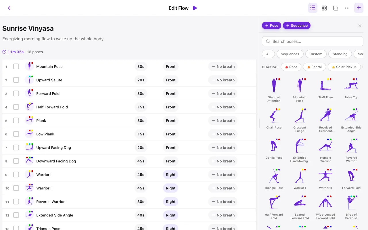 Flow Builder web app in a browser: the flow editor with the pose library side panel