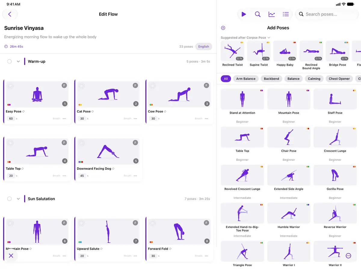 Flow Builder on iPad: a flow of pose cards with timing, side and breath, next to the pose library with original pose illustrations