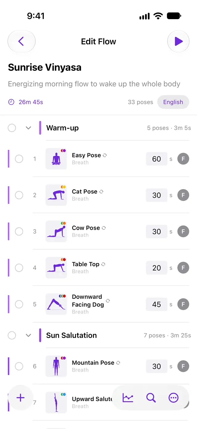 Building a flow on iPhone: poses with illustrations, chakra tags and timing, grouped into sections