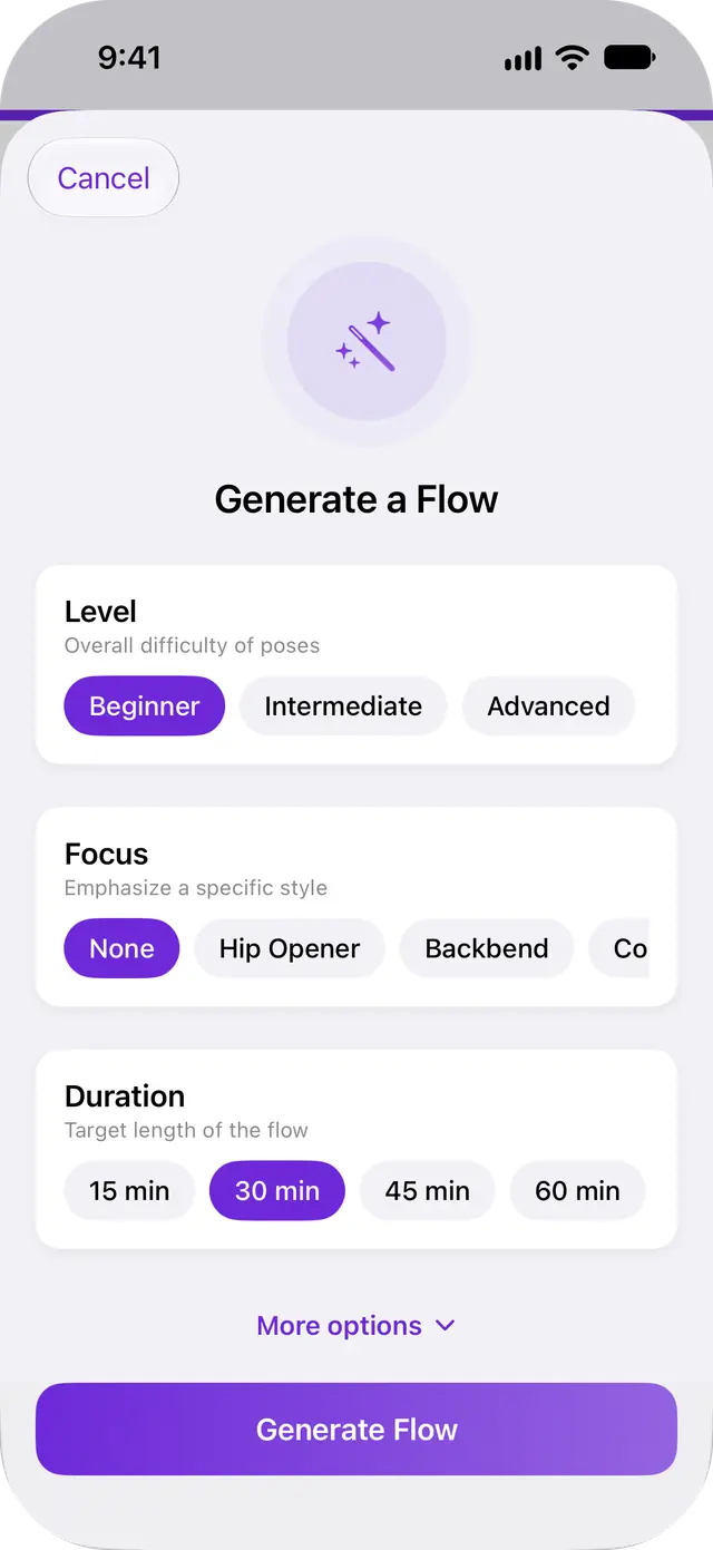Generate a Flow on iPhone: choose level, focus and duration, then tap Generate Flow