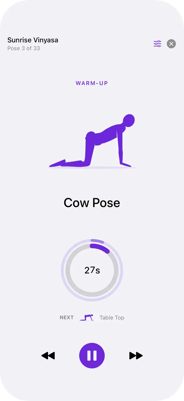 Guided playback on iPhone: Cow Pose with a countdown ring and Table Top coming up next
