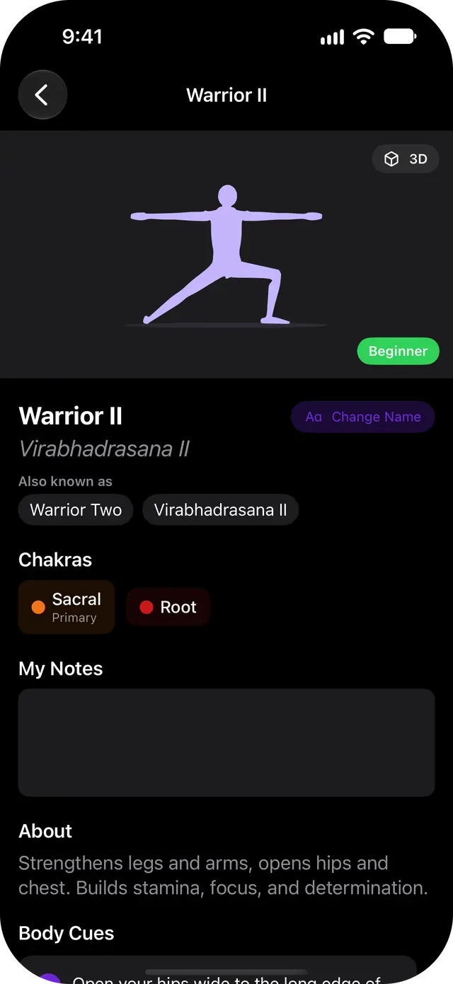 Pose details for Warrior II: Sanskrit name, chakras, notes and alignment cues