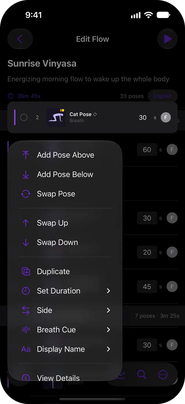 Pose actions in the flow editor: add above or below, swap, duplicate, duration, side and breath cue