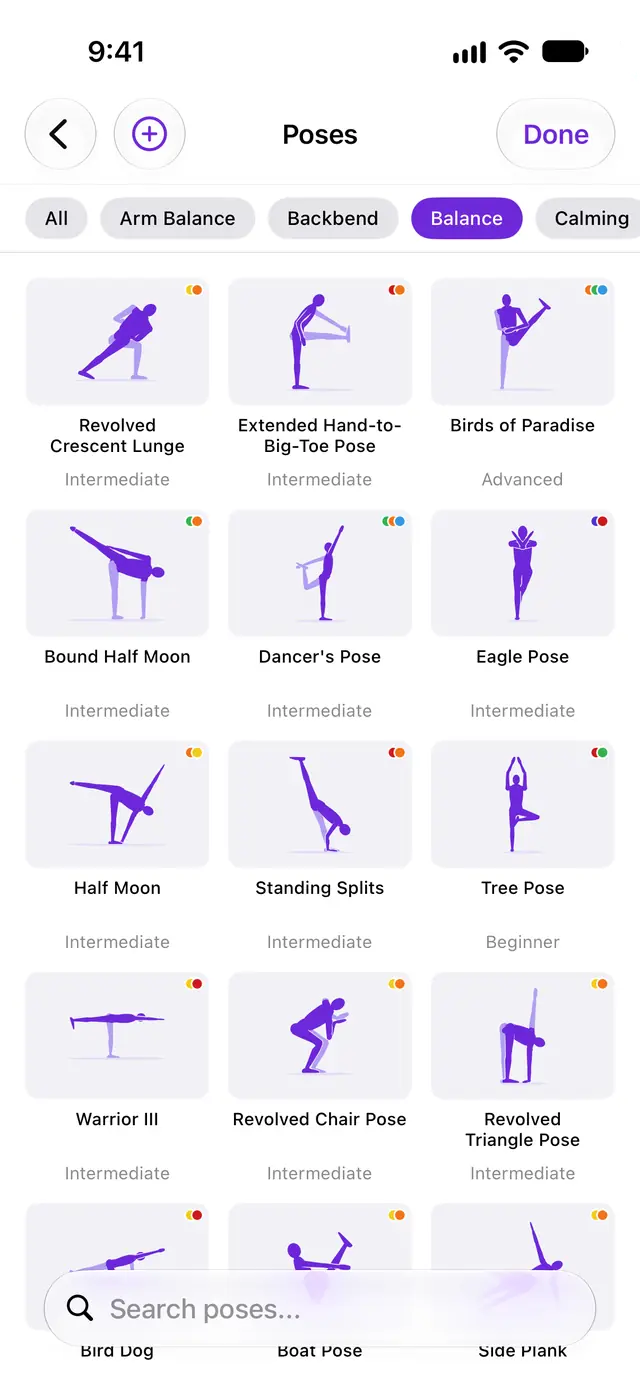 Pose library filtered by category, with original pose illustrations