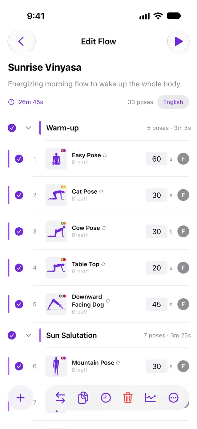 Editing a flow: poses selected, with duplicate, delete and analytics actions