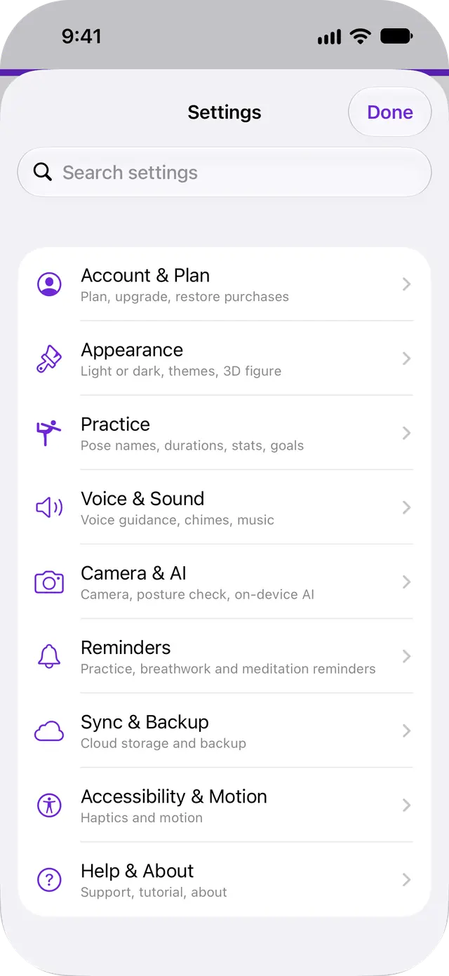 Settings, grouped by topic with search