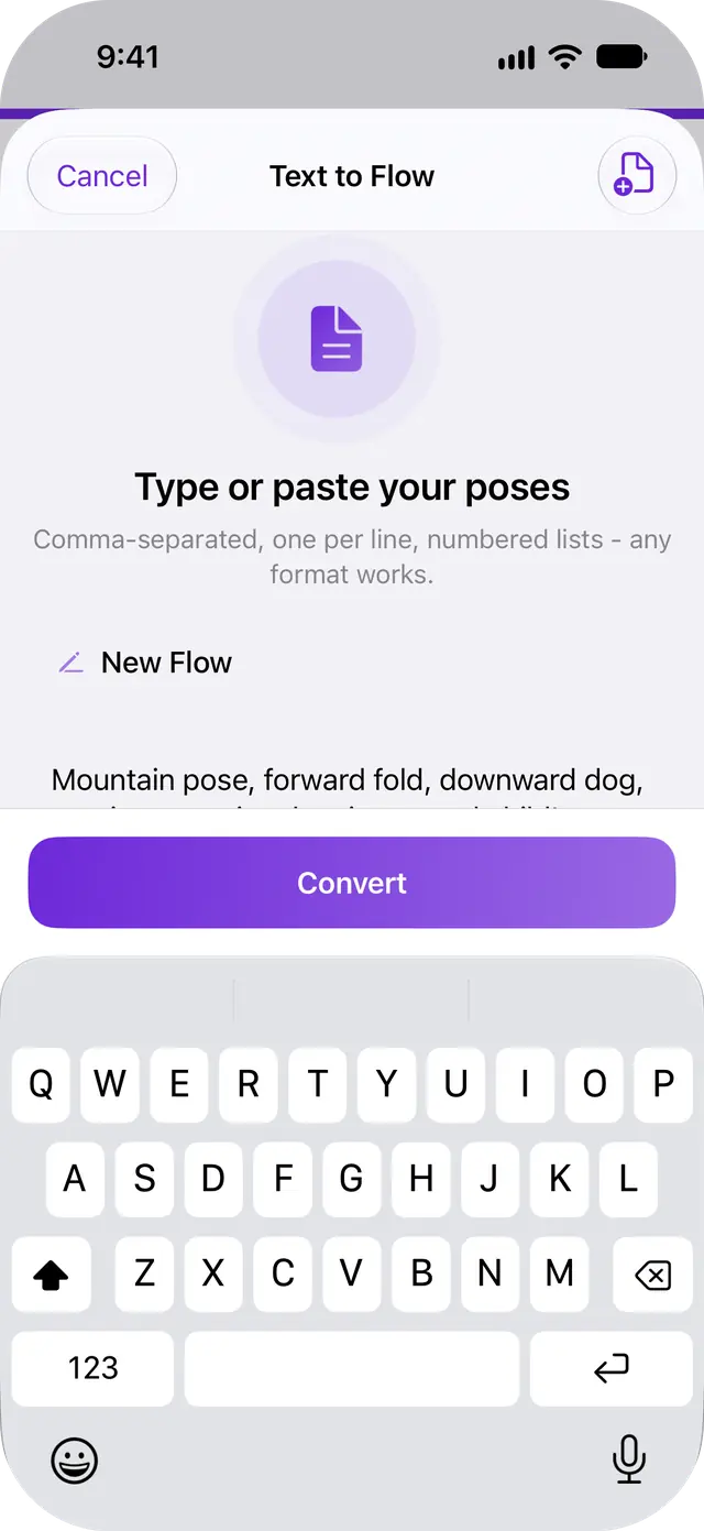 Text to Flow on iPhone: type or paste a list of poses, then tap Convert
